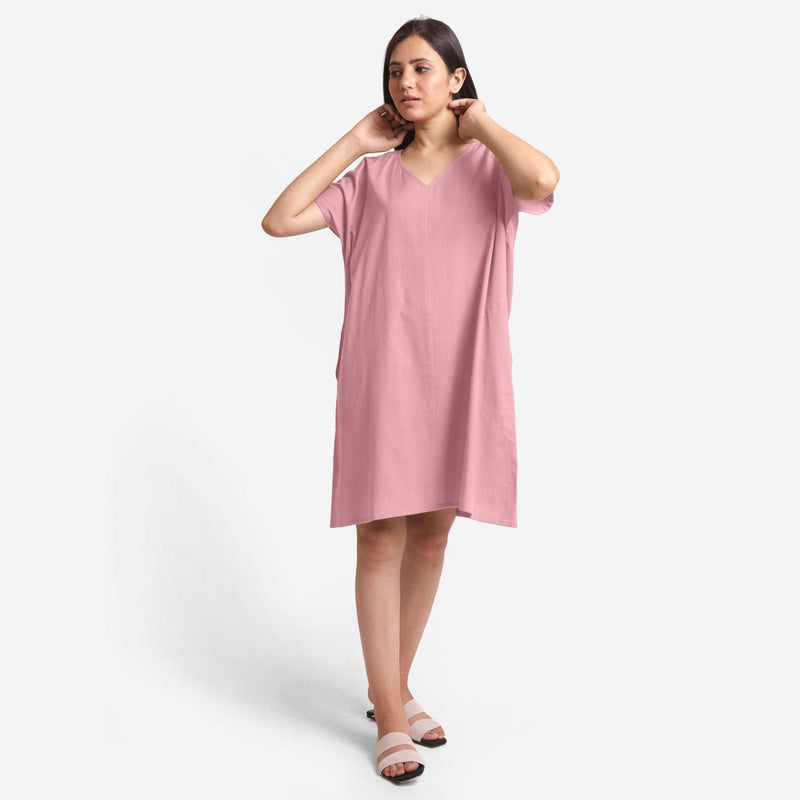 Pink Cotton Flax Loose Fit V-Neck Short Tunic Dress 42 Pink Cotton Flax Loose Fit V-Neck Short Tunic Dress 42