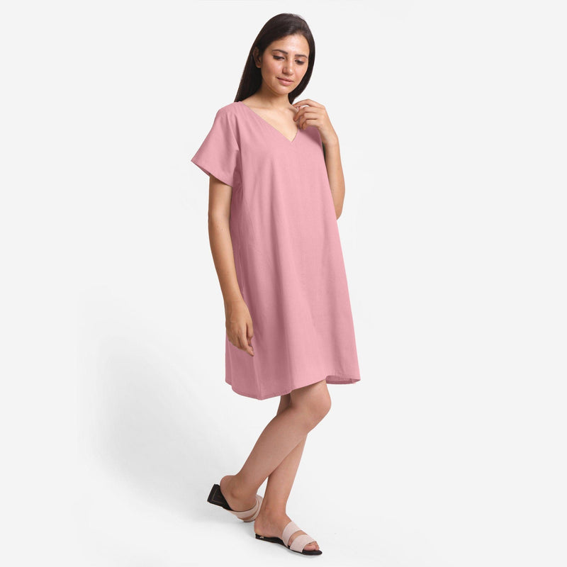 Pink Cotton Flax Loose Fit V-Neck Short Tunic Dress 60" / Custom Height (Free) Pink Cotton Flax Loose Fit V-Neck Short Tunic Dress 60" / Custom Height (Free)