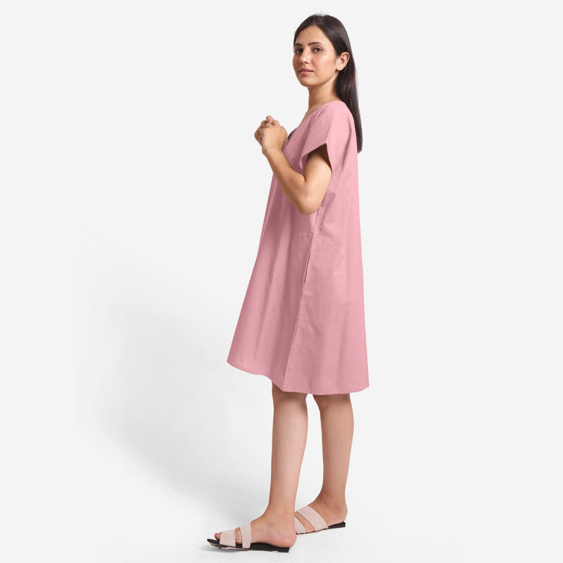 Left View of a Model wearing Pink Cotton Flax V-Neck Tunic