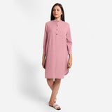 Front View of a Model wearing Pink Cotton Flax Shirt Dress