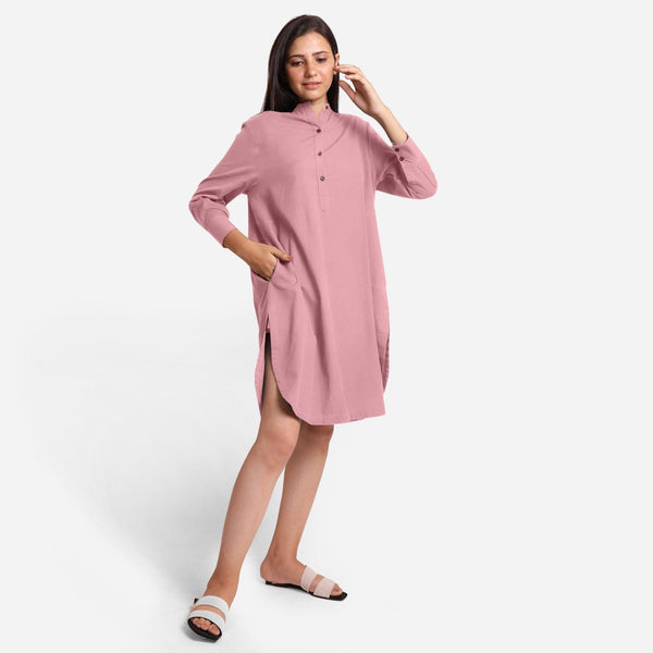 Front View of a Model wearing Pink Cotton Flax Shirt Dress