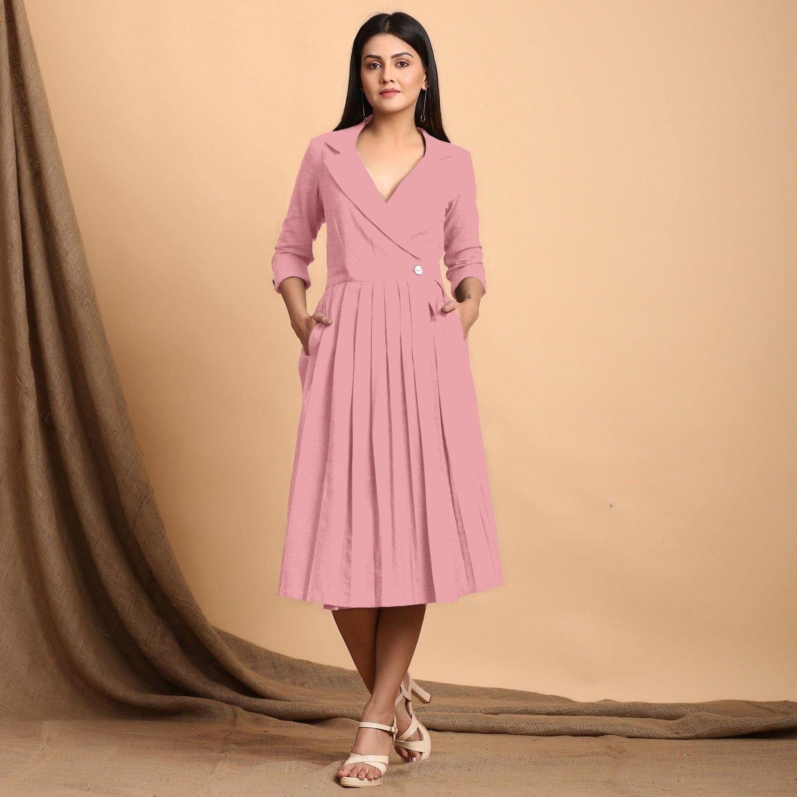 Pink Cotton Flax Notched Collar Midi Pleated Wrap Dress 28