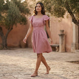 Pink Cotton Flax Open-Back Fit and Flare Knee Length Dress