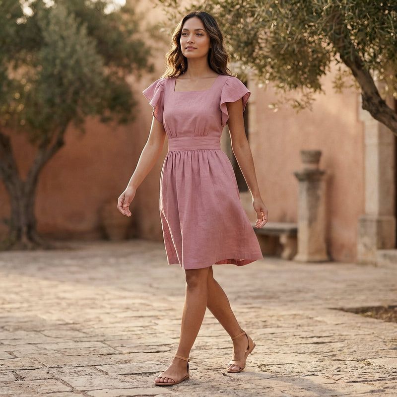 open back knee length dress Pink Cotton Flax Open-Back Fit and Flare Knee Length Dress 54