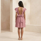 Pink Cotton Flax Open-Back Fit and Flare Knee Length Dress