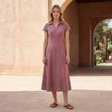 Pink Cotton Flax Paneled A-Line Midi Dress
