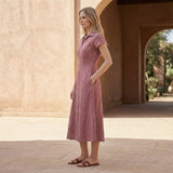 Pink Cotton Flax Paneled A-Line Midi Dress