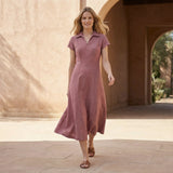 Pink Cotton Flax Paneled A-Line Midi Dress