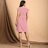 Pink Cotton Flax Pleated Cap Sleeves Short Dress