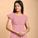 Pink Cotton Flax Pleated Cap Sleeves Short Dress