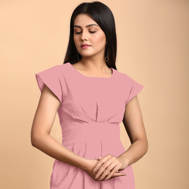 Pink Cotton Flax Pleated Cap Sleeves Short Dress
