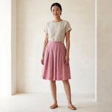 Pink Cotton Flax Pleated Knee-Length Skirt