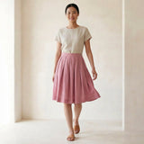 Pink Cotton Flax Pleated Knee-Length Skirt