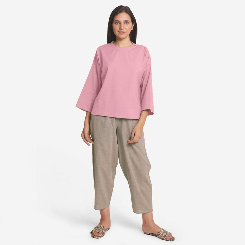 Front View of a Model wearing Pink Cotton Flax Round Neck A-Line Top