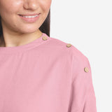 Front Detail of a Model wearing Pink Cotton Flax Round Neck A-Line Top