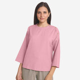 Front View of a Model wearing Pink Cotton Flax Round Neck A-Line Top