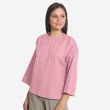 Left View of a Model wearing Pink Cotton Flax Round Neck A-Line Top