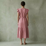 Pink Cotton Flax Ruffle Midi Wrap Dress