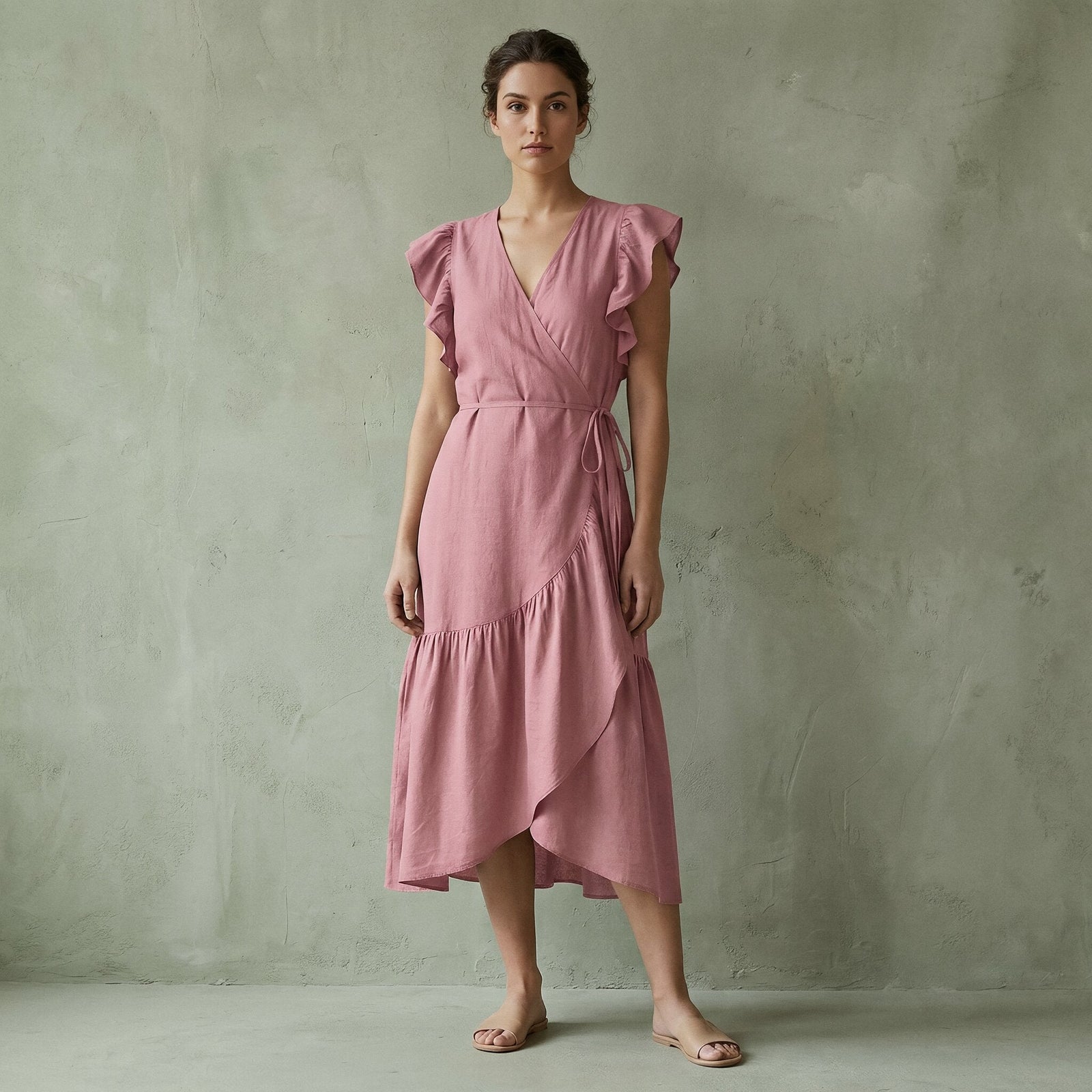 Buy Pink Cotton Flax Ruffle Midi Wrap Dress Online at SeamsFriendly