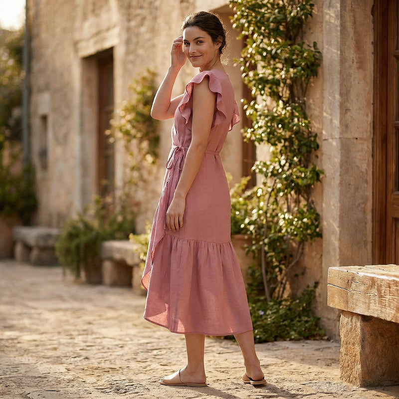 Buy Pink Cotton Flax Ruffle Midi Wrap Dress Online at SeamsFriendly