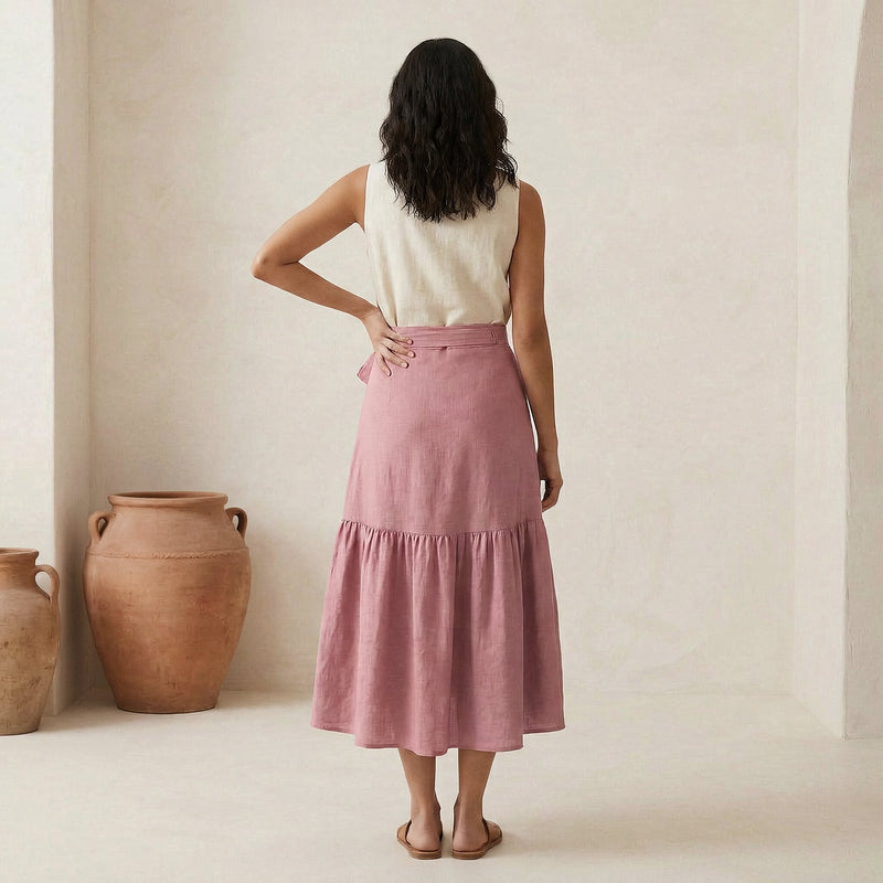 Buy Pink Cotton Flax Ruffle Midi Wrap Skirt Online at SeamsFriendly