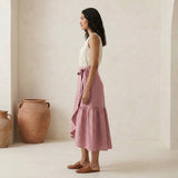 Pink Cotton Flax Ruffle Midi Wrap Skirt