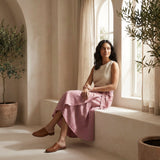 Pink Cotton Flax Ruffle Midi Wrap Skirt