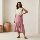 Pink Cotton Flax Ruffle Midi Wrap Skirt