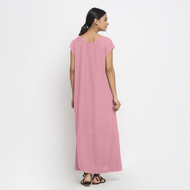 Back View of a Model wearing Pink Cotton Flax A-Line Paneled Dress