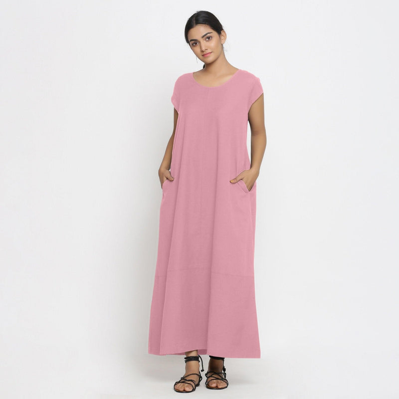 Front View of a Model wearing Pink Cotton Flax A-Line Paneled Dress