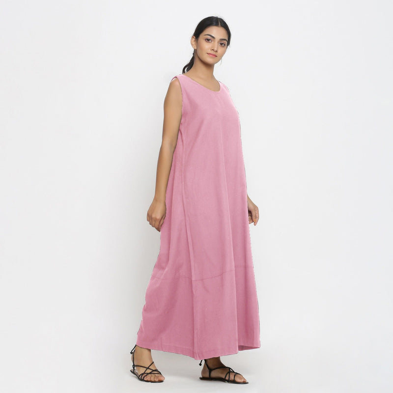 Pink Cotton Flax Scoop Neck Sleeveless Maxi Dress