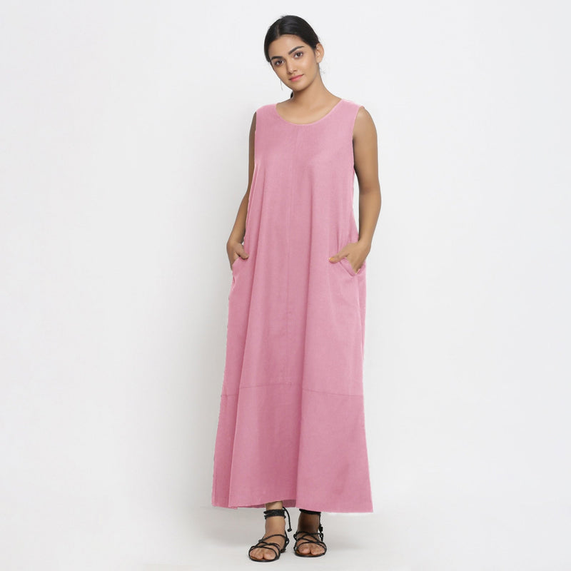 Pink Cotton Flax Scoop Neck Sleeveless Maxi Dress