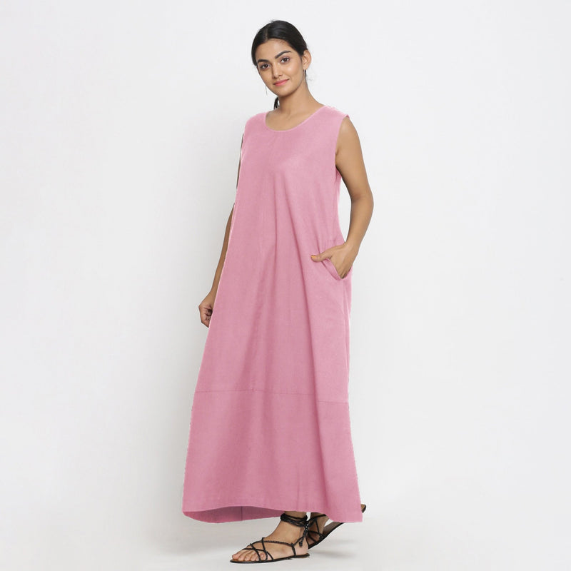 Pink Cotton Flax Scoop Neck Sleeveless Maxi Dress