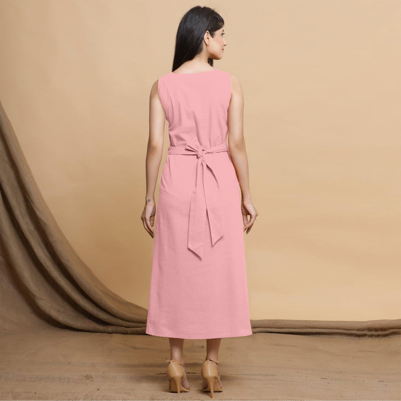 Pink Cotton Flax Sleeveless A-Line Midi Dress