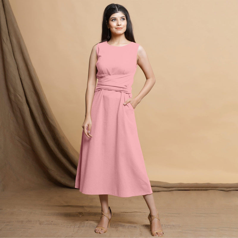 Pink Cotton Flax Sleeveless A-Line Midi Dress 66" / Petite (5'1" and below) Pink Cotton Flax Sleeveless A-Line Midi Dress 66" / Petite (5'1" and below)