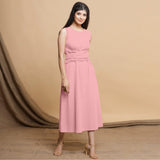 Pink Cotton Flax Sleeveless A-Line Midi Dress