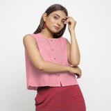 Front View of a Model wearing Pink Cotton Flax Button-Down Shirt