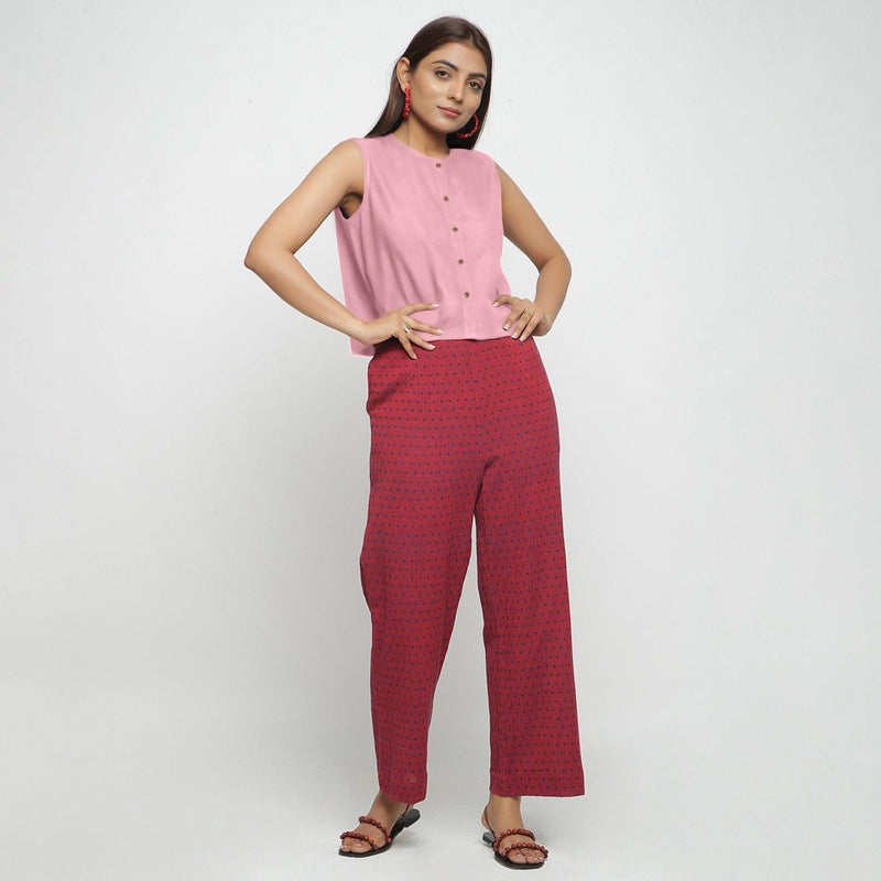 Front View of a Model wearing Pink Cotton Flax Button-Down Shirt