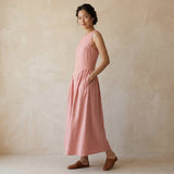Pink Cotton Flax Sleeveless Paneled Maxi Dress