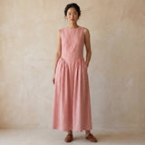 Pink Cotton Flax Sleeveless Paneled Maxi Dress