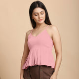 Left View of a Model wearing Pink Cotton Flax Slim Fit Pleated Camisole Top