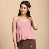 Front View of a Model wearing Pink Cotton Flax Slim Fit Pleated Camisole Top