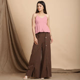 Front View of a Model wearing Pink Cotton Flax Slim Fit Pleated Camisole Top