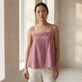 Pink Cotton Flax Spaghetti Strap Top with Elastic Gathered Back