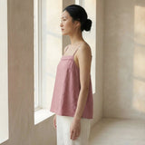 Pink Cotton Flax Spaghetti Strap Top with Elastic Gathered Back