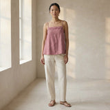 Pink Cotton Flax Spaghetti Strap Top with Elastic Gathered Back