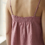 Pink Cotton Flax Spaghetti Strap Top with Elastic Gathered Back