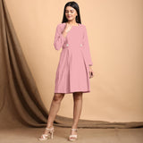 Pink Cotton Flax Square Neck Pleated Short Dress