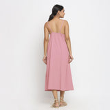 Back View of a Model wearing Pink Cotton Flax Strap Sleeve A-Line Dress