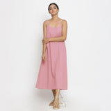 Front View of a Model wearing Pink Cotton Flax Strap Sleeve A-Line Dress